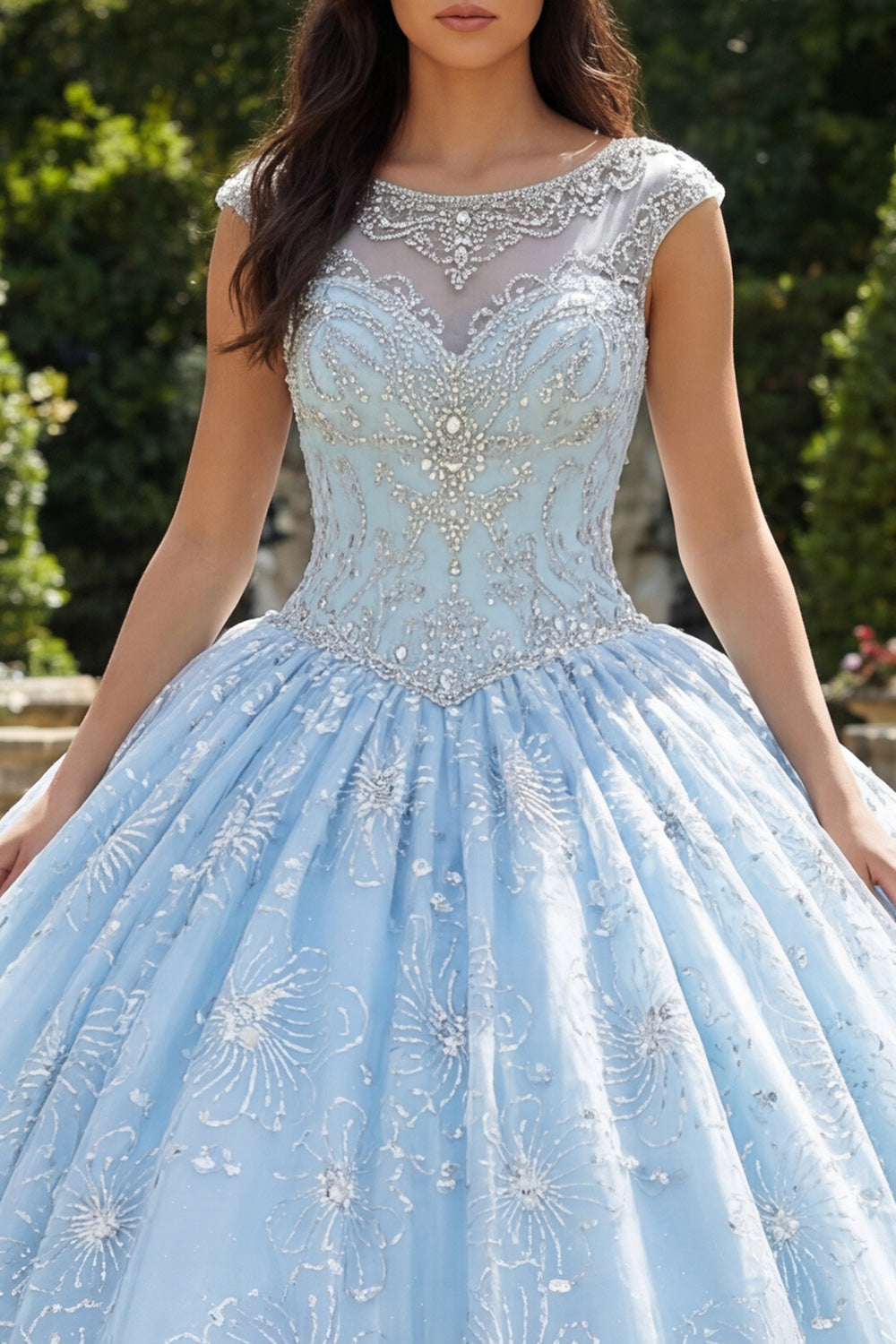 Sparkly Sky Blue Princess Floral Long Boat Neck Quinceanera Dress with Beading