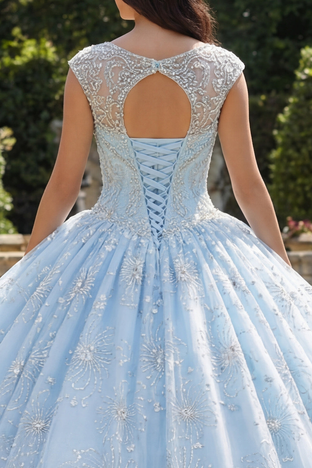 Sparkly Sky Blue Princess Floral Long Boat Neck Quinceanera Dress with Beading
