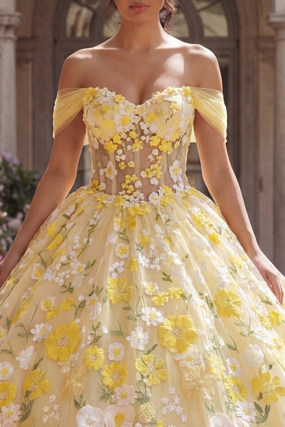 Yellow Off the Shoulder Ball Gown Floral Long Corset Quinceanera Dress