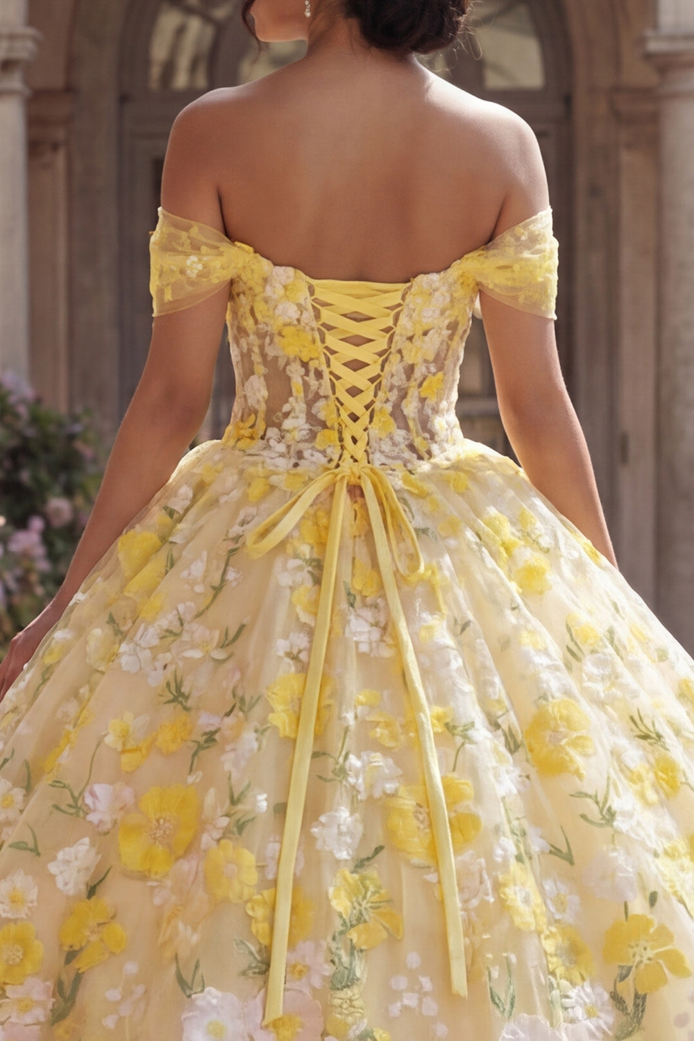 Yellow Off the Shoulder Ball Gown Floral Long Corset Quinceanera Dress