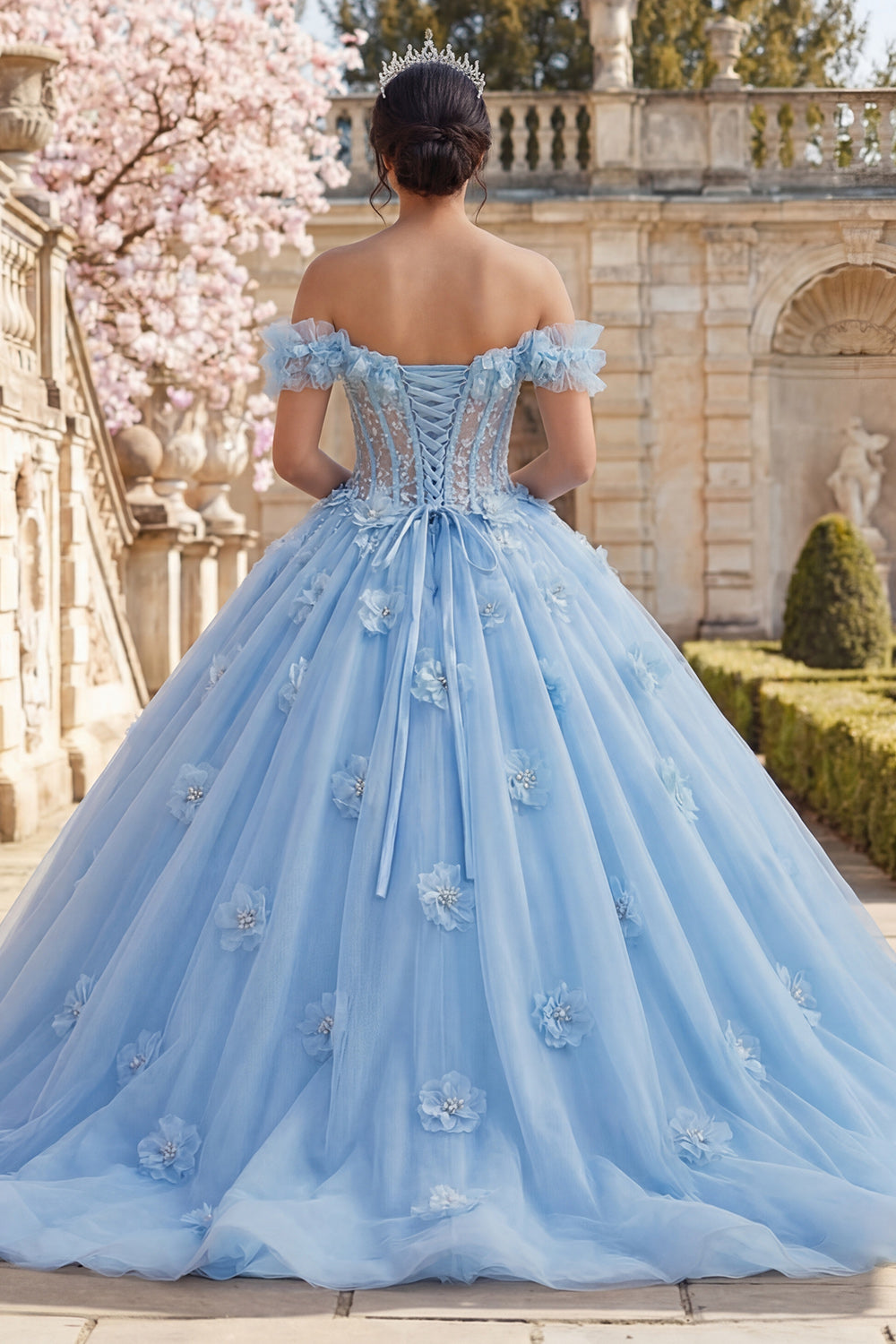 Sky Blue Floral Ruffled Long Corset Princess Quinceanera Dress with Pearls