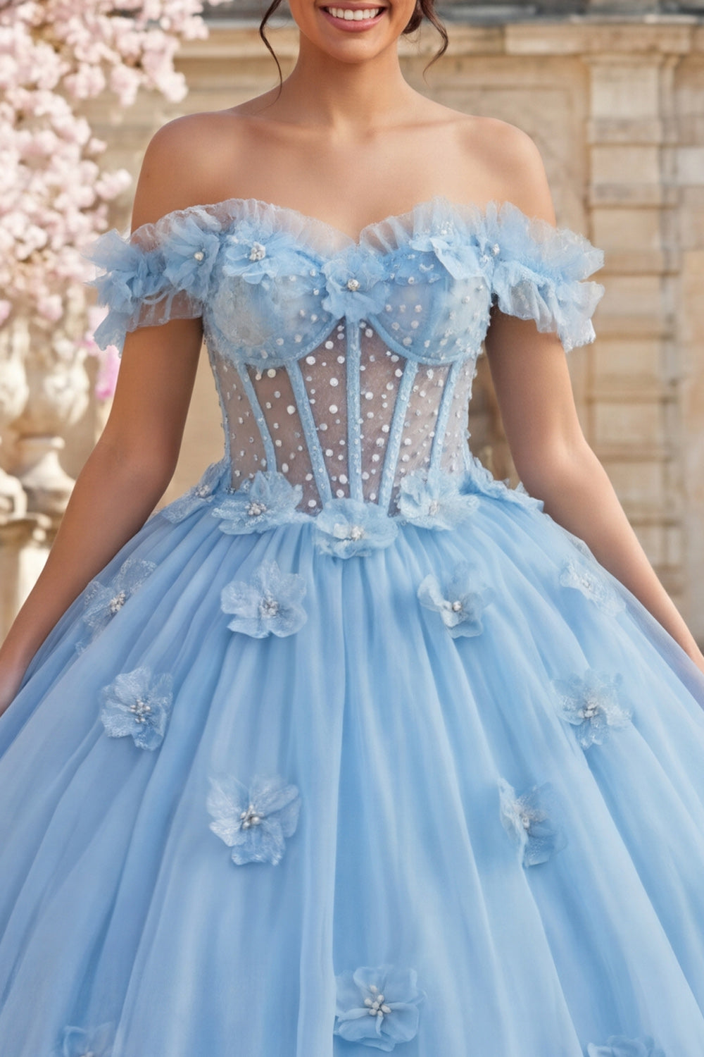 Sky Blue Floral Ruffled Long Corset Princess Quinceanera Dress with Pearls