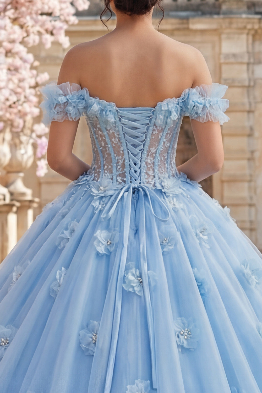 Sky Blue Floral Ruffled Long Corset Princess Quinceanera Dress with Pearls