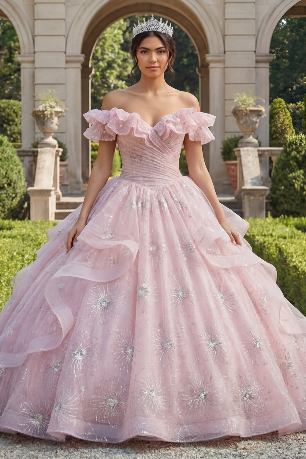 Sparkly Pink Princess Sequin Ball Gown Long Ruched Quinceanera Dress with Ruffles