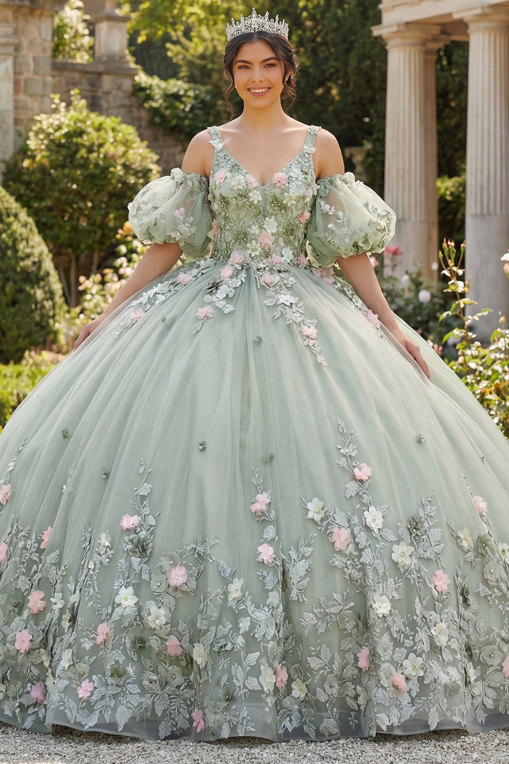 Sage Green Tulle Princess V-Neck Puff Sleeves Floral Long Quinceanera Dress