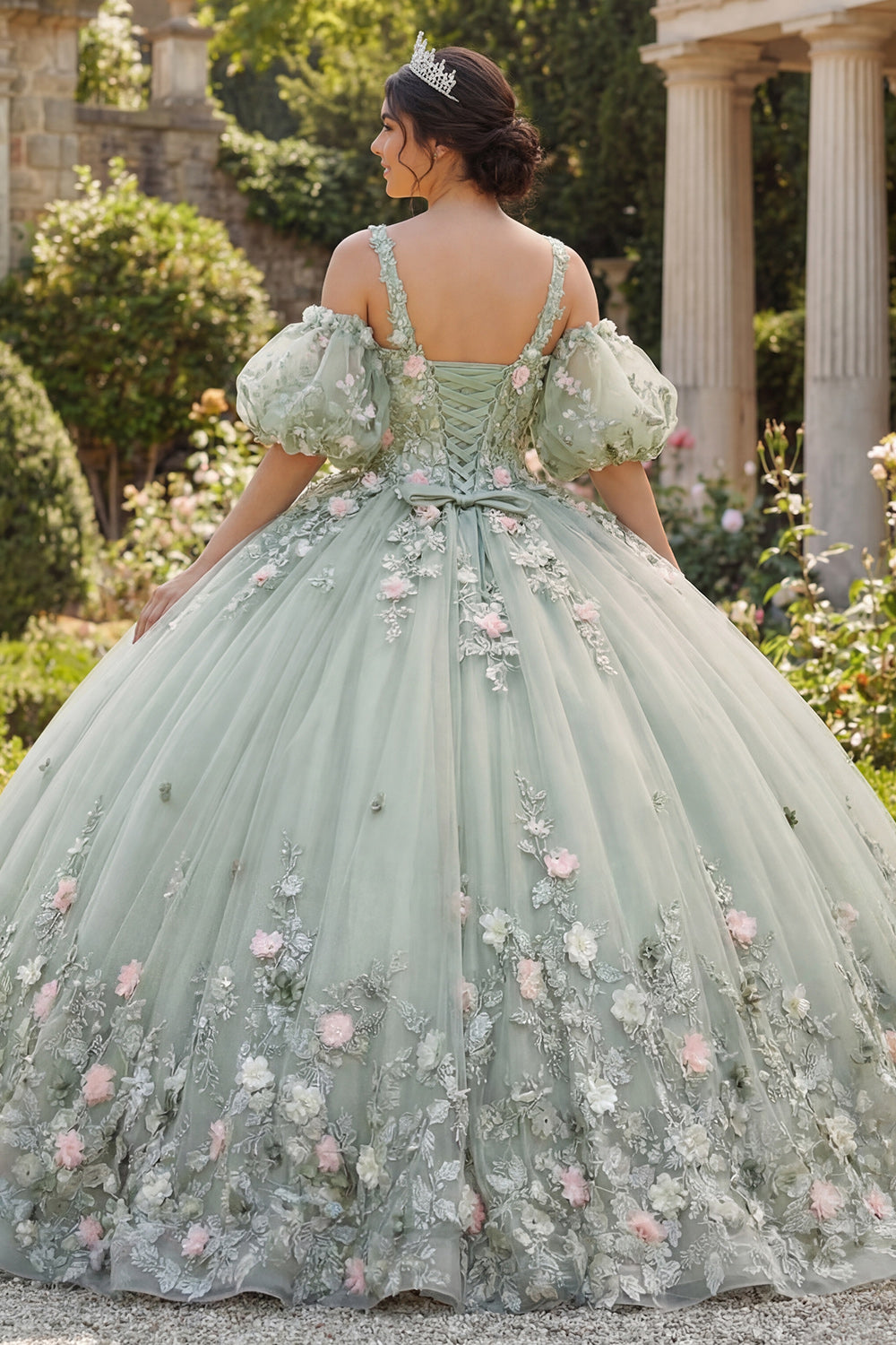 Sage Green Tulle Princess V-Neck Puff Sleeves Floral Long Quinceanera Dress
