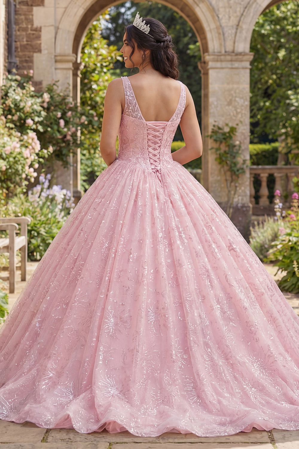 Sparkly Pink Sequin V-Neck Ball Gown Long Princess Corset Floral Quinceanera Dress