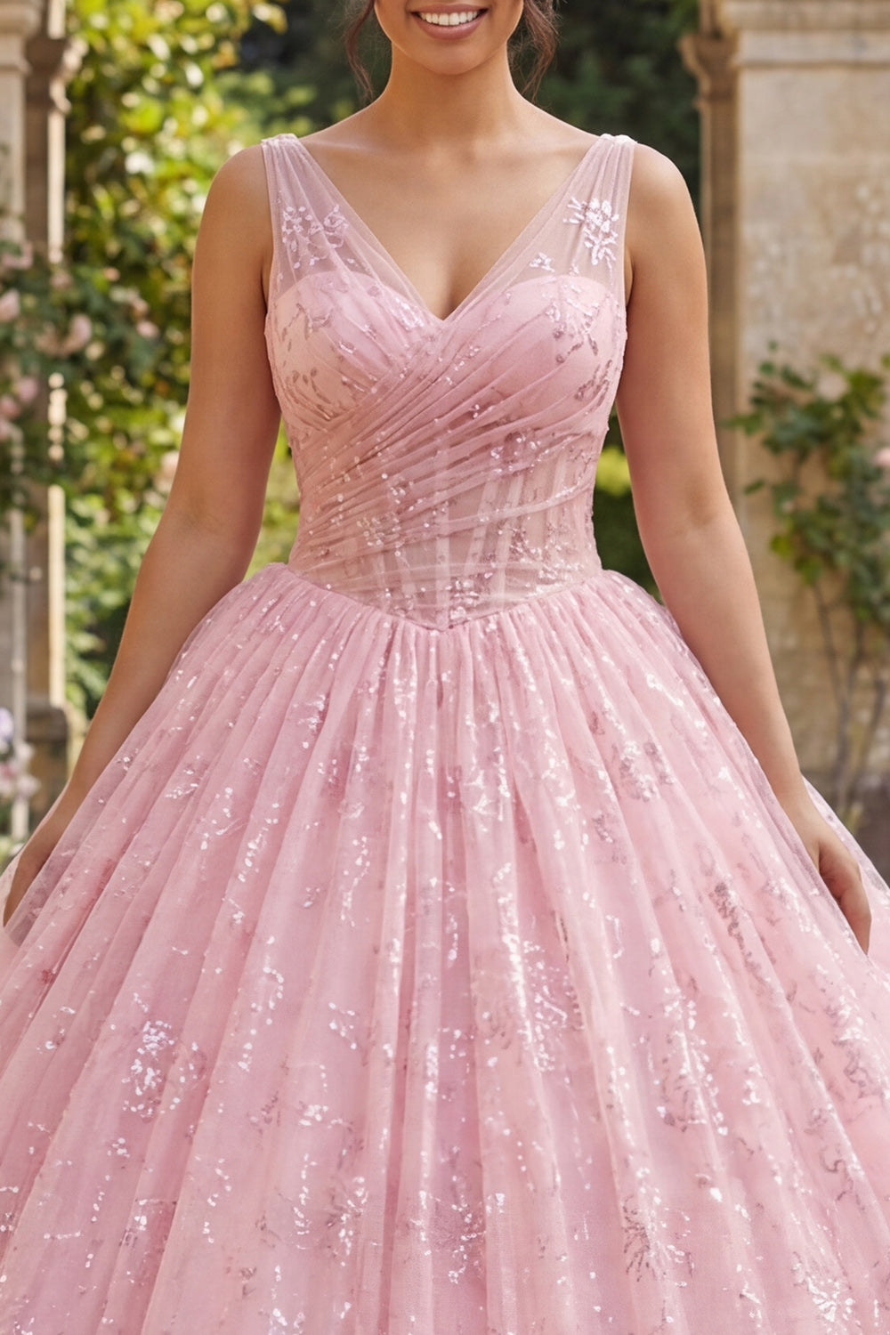 Sparkly Pink Sequin V-Neck Ball Gown Long Princess Corset Floral Quinceanera Dress