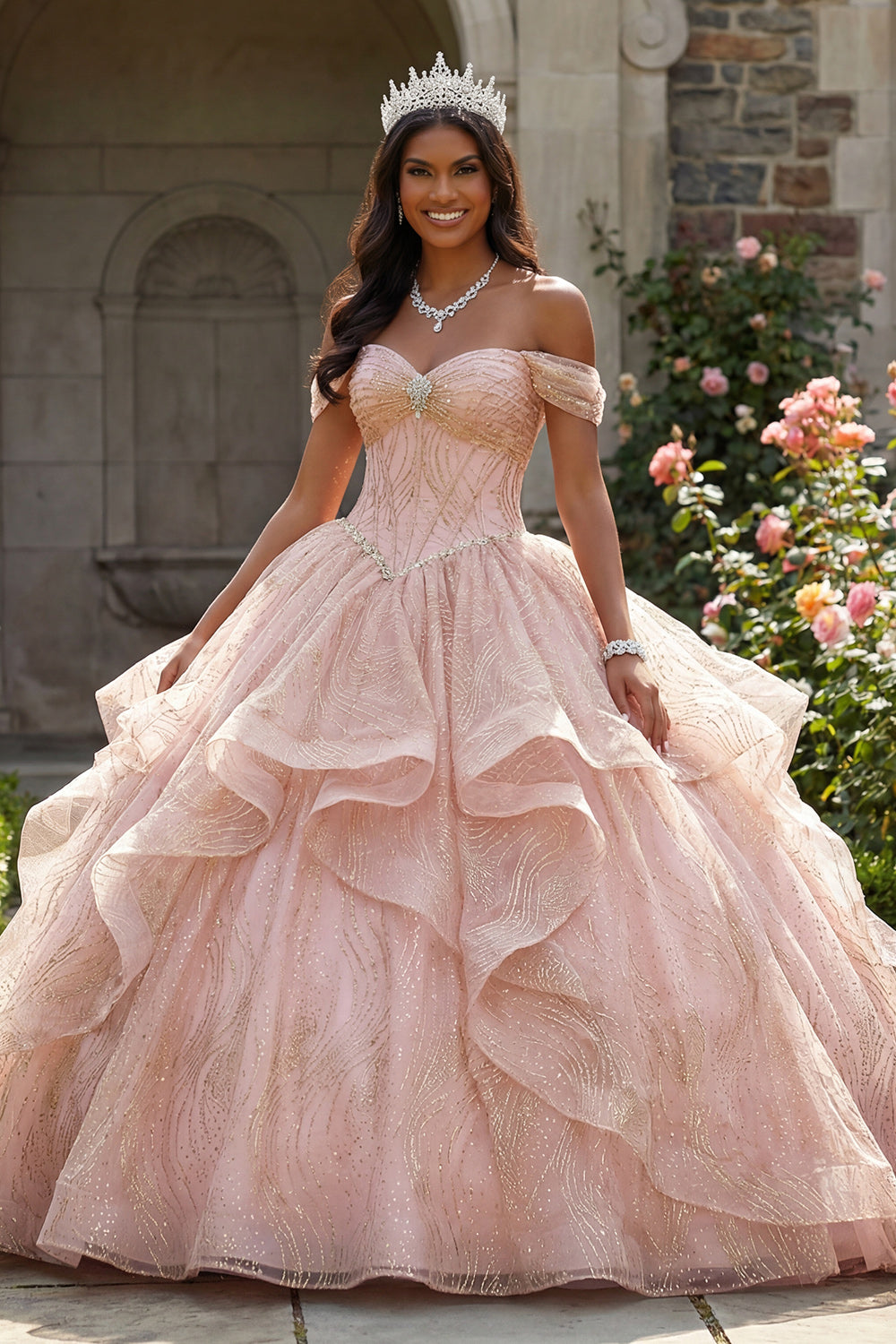 Sparkly Pink Sequin Beaded Long Corset Princess Quinceanera Dress with Ruffles