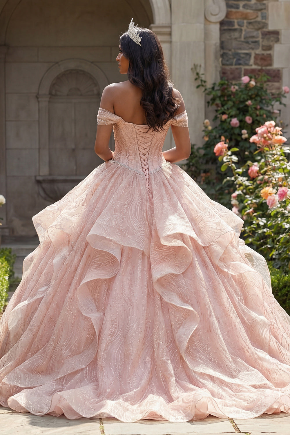 Sparkly Pink Sequin Beaded Long Corset Princess Quinceanera Dress with Ruffles