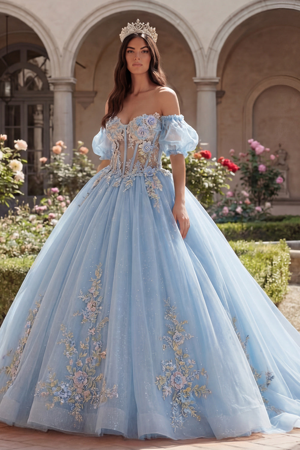 Sky Blue Floral Long Puff Sleeves Corset Glitter Princess Quinceanera Dress