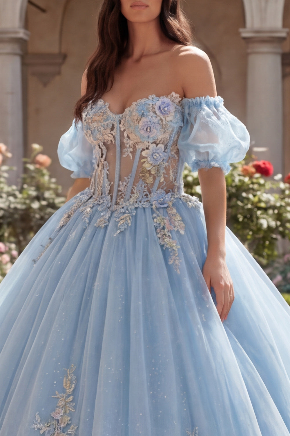 Sky Blue Floral Long Puff Sleeves Corset Glitter Princess Quinceanera Dress