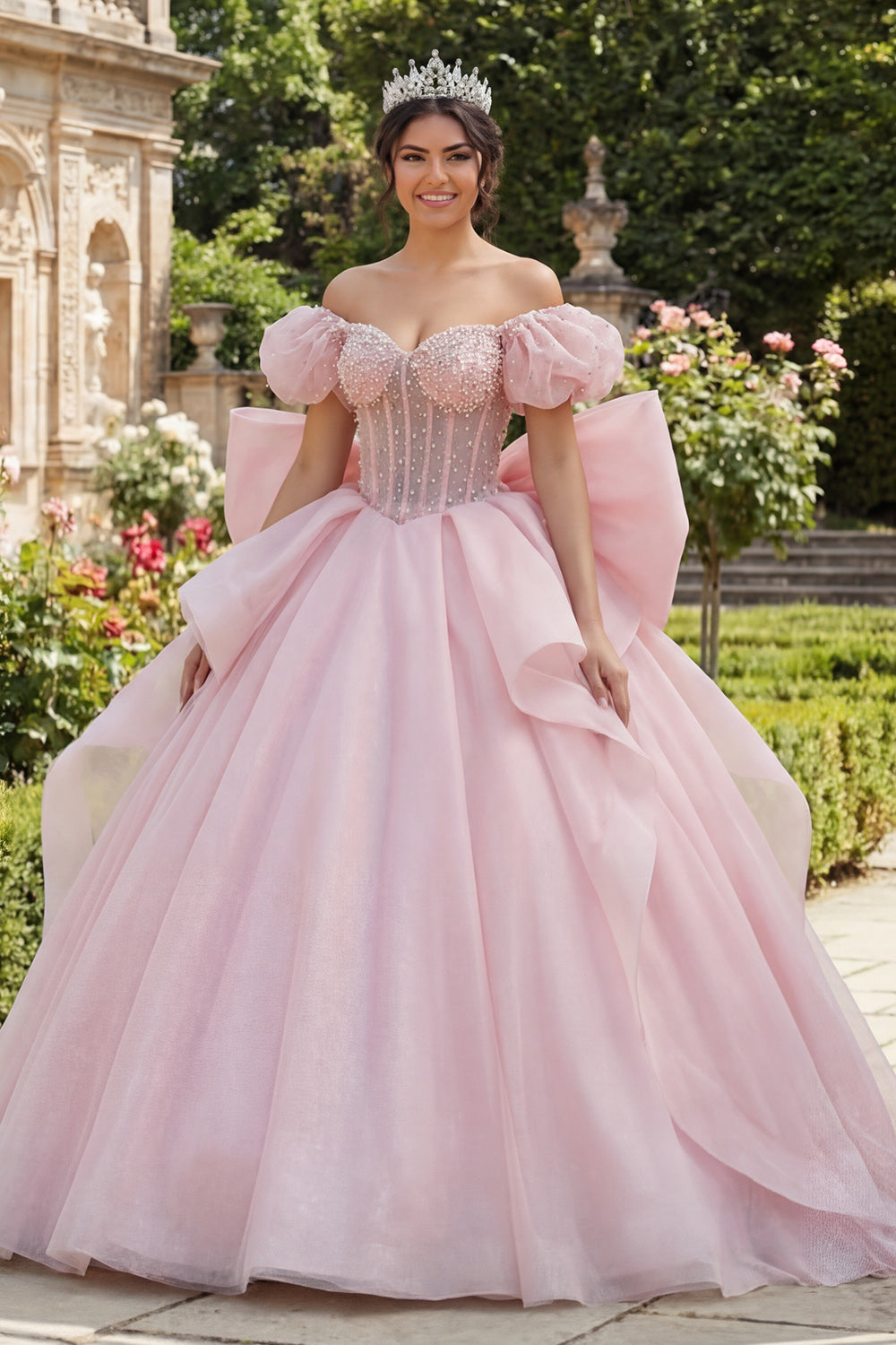 Sparkly Pink Puff Sleeves Floral Long Corset Princess Ruffled Quinceanera Dress with Pearls