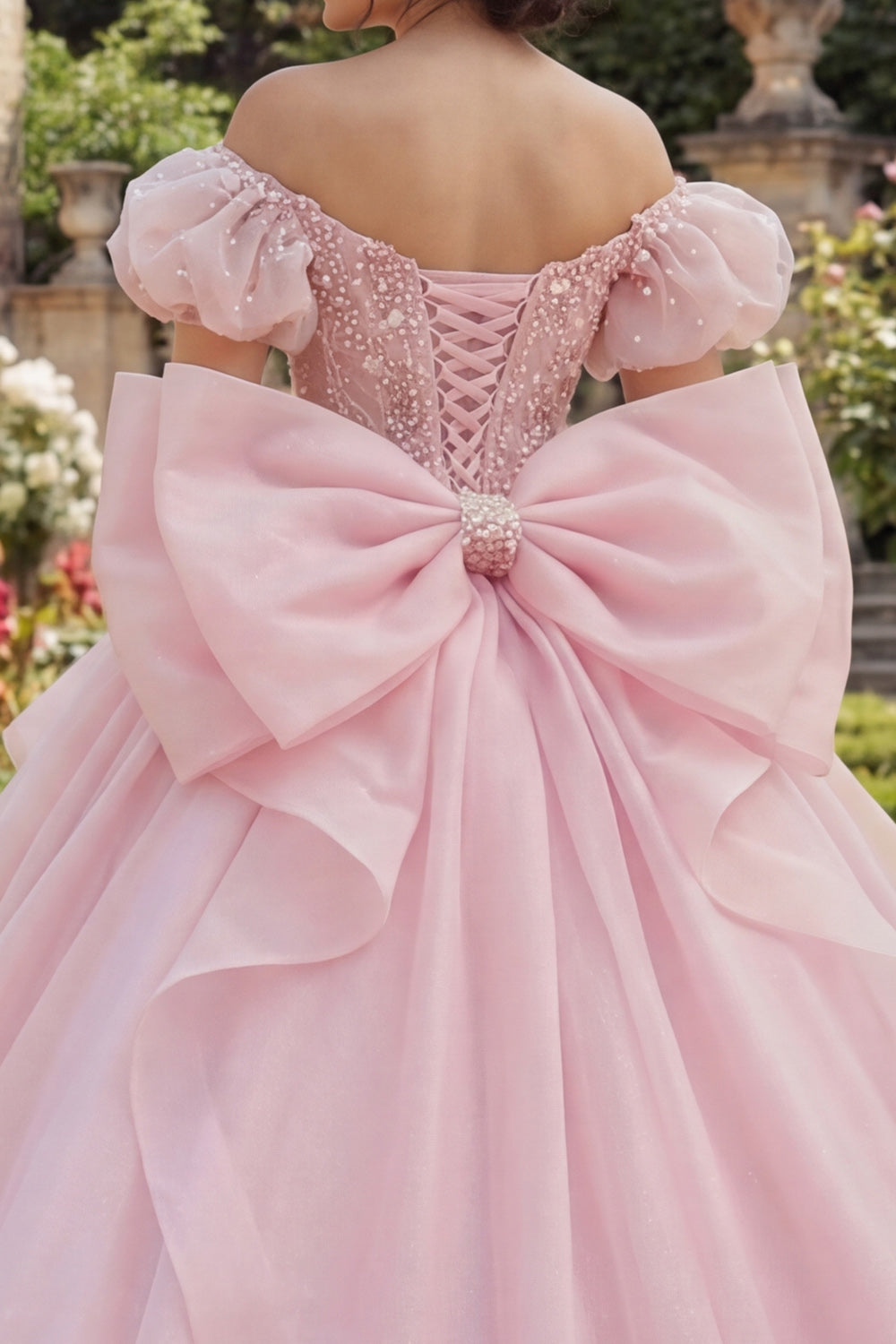Sparkly Pink Puff Sleeves Floral Long Corset Princess Ruffled Quinceanera Dress with Pearls