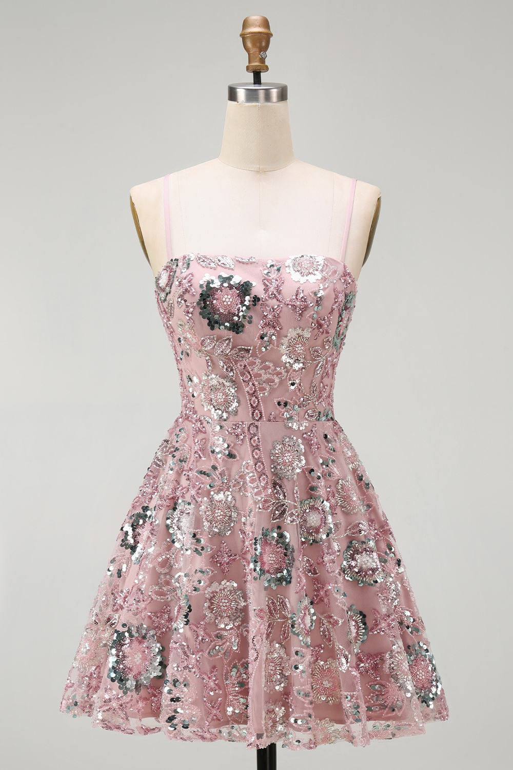 Sparkly Blush A Line Floral Spaghetti Straps Beaded Short Cocktail Dress