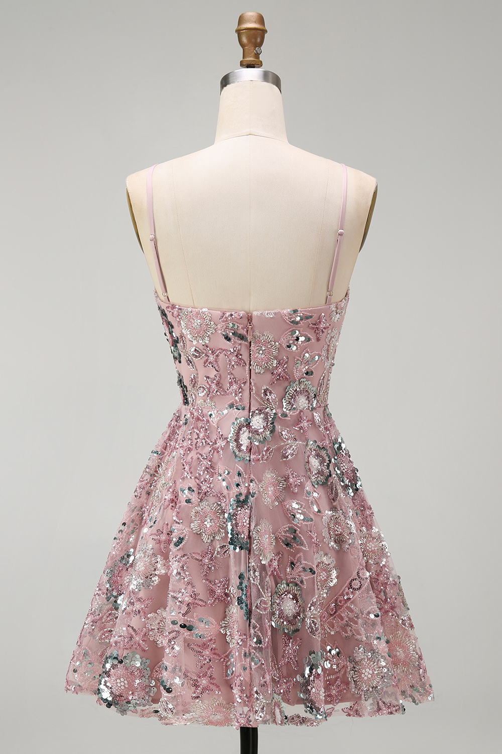 Sparkly Blush A Line Floral Spaghetti Straps Beaded Short Cocktail Dress