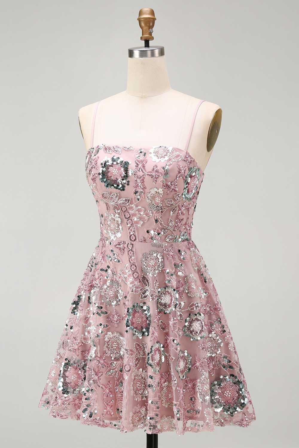 Sparkly Blush A Line Floral Spaghetti Straps Beaded Short Cocktail Dress