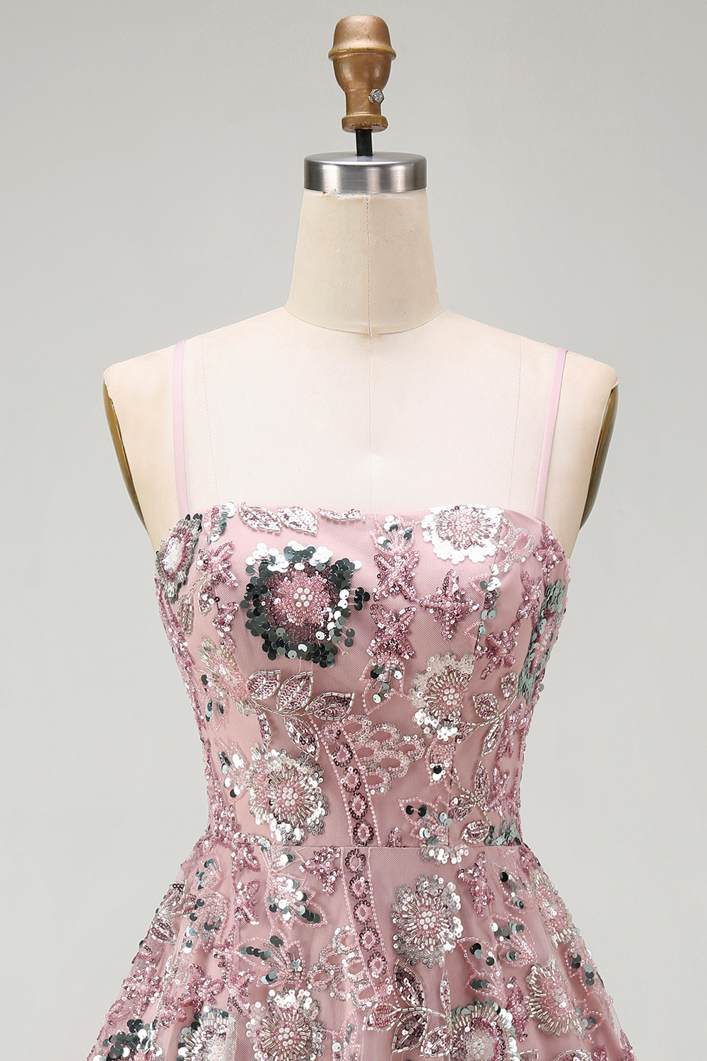 Sparkly Blush A Line Floral Spaghetti Straps Beaded Short Cocktail Dress