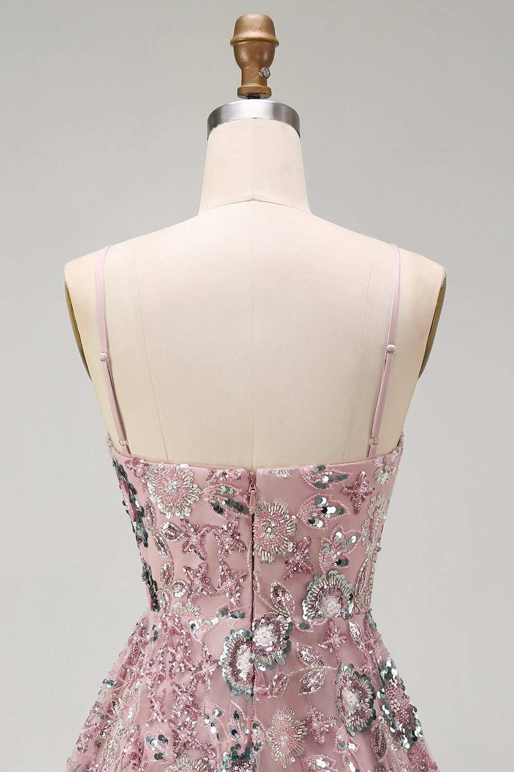 Sparkly Blush A Line Floral Spaghetti Straps Beaded Short Cocktail Dress