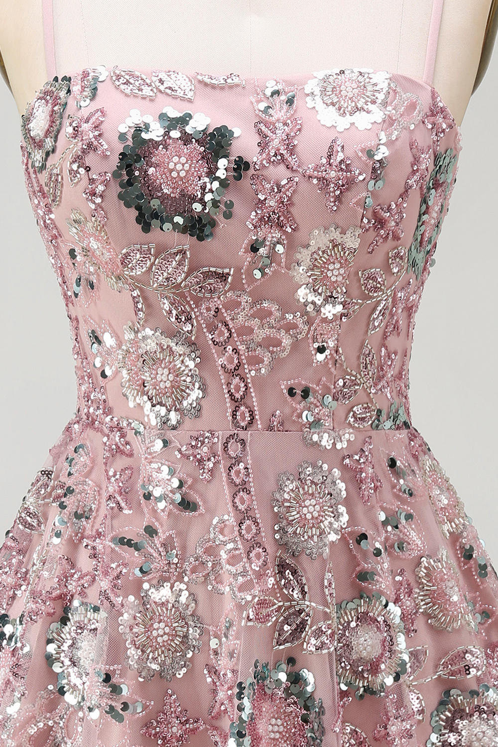 Sparkly Blush A Line Floral Spaghetti Straps Beaded Short Cocktail Dress