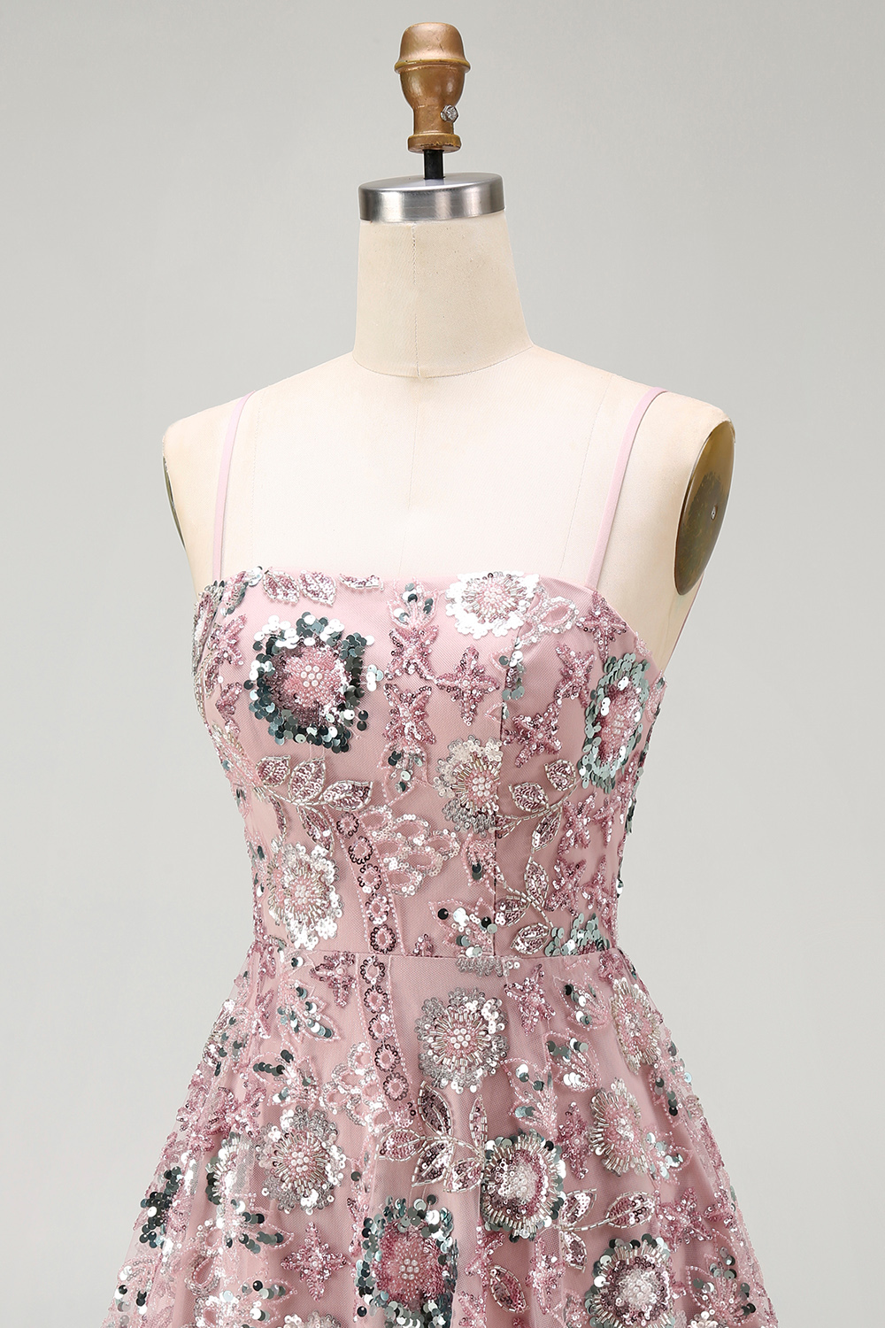 Sparkly Blush A Line Floral Spaghetti Straps Beaded Short Cocktail Dress
