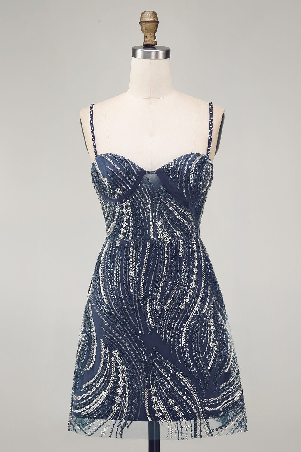 Sparkly Beaded Thick Straps Navy Short Cocktail Dress