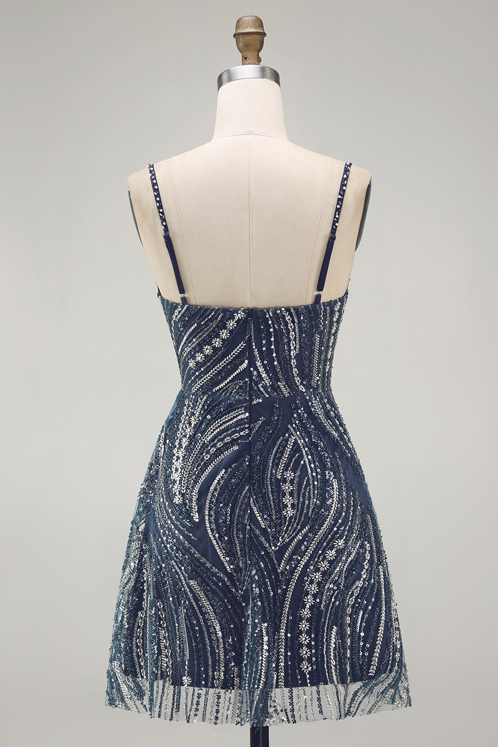 Sparkly Beaded Thick Straps Navy Short Cocktail Dress