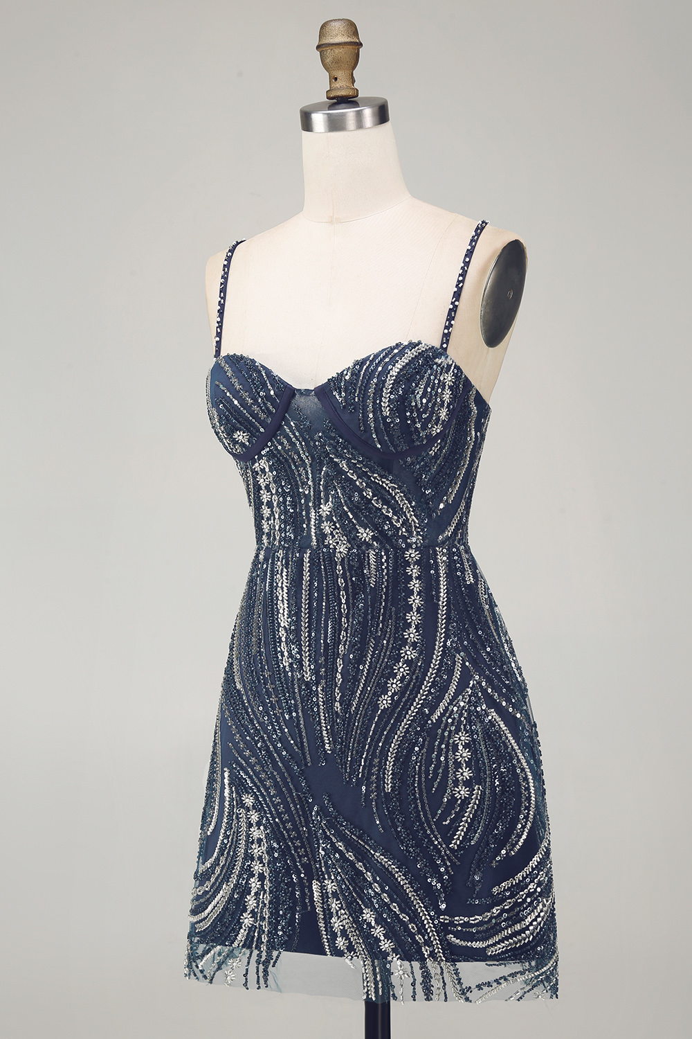 Sparkly Beaded Thick Straps Navy Short Cocktail Dress