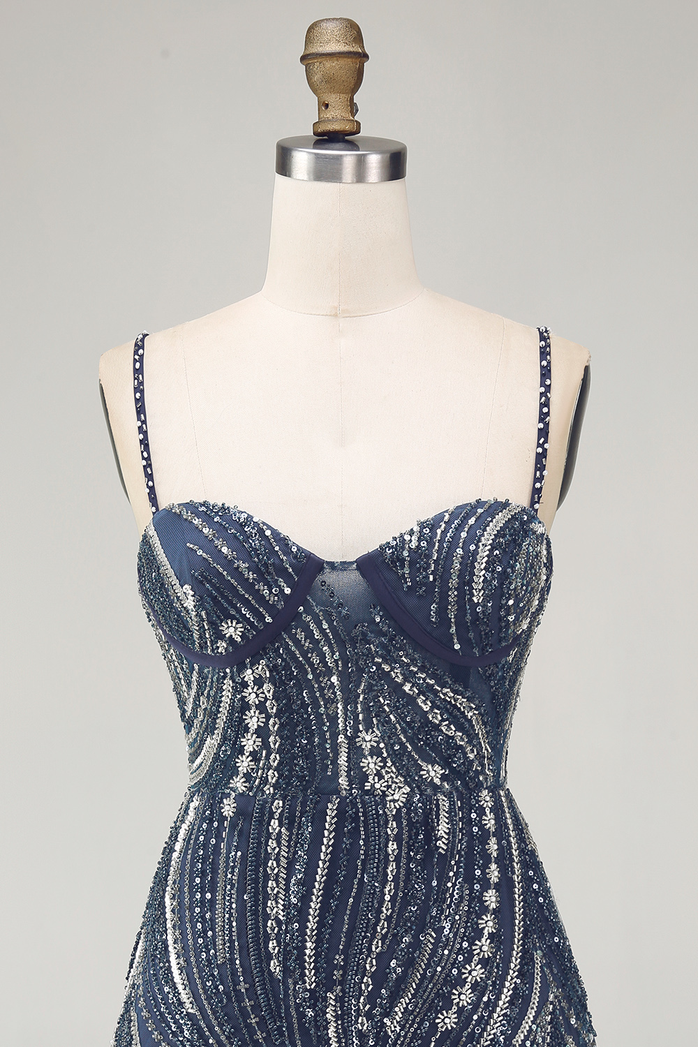 Sparkly Beaded Thick Straps Navy Short Cocktail Dress