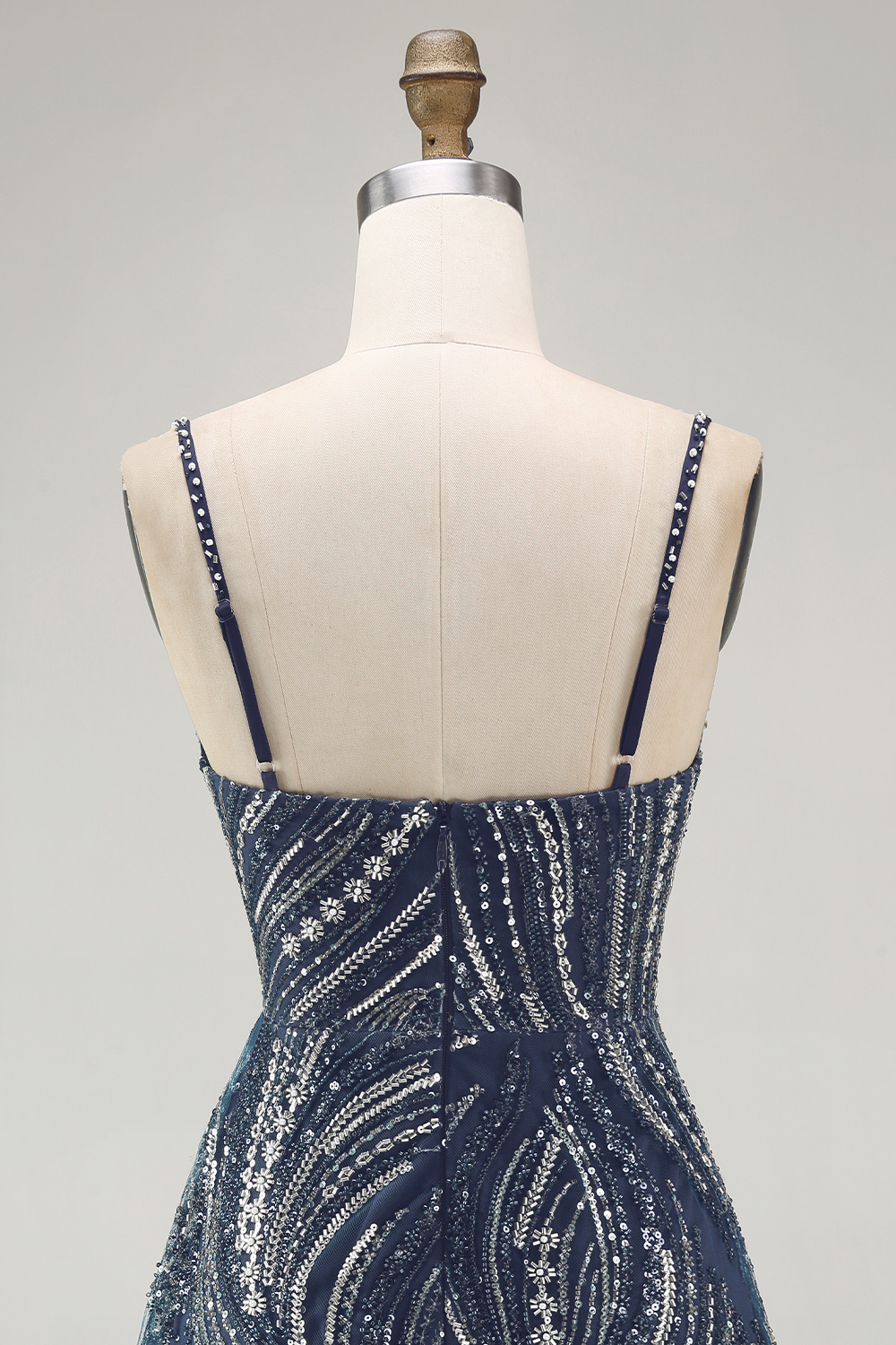 Sparkly Beaded Thick Straps Navy Short Cocktail Dress