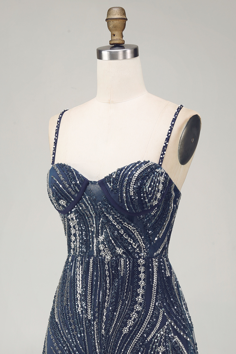 Sparkly Beaded Thick Straps Navy Short Cocktail Dress