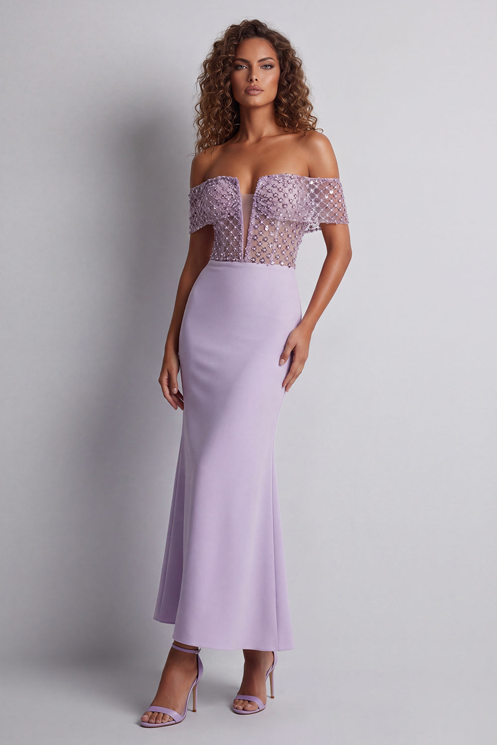 Sparkly Off the Shoulder Light Purple Beaded Long Corset Mermaid Prom Dress