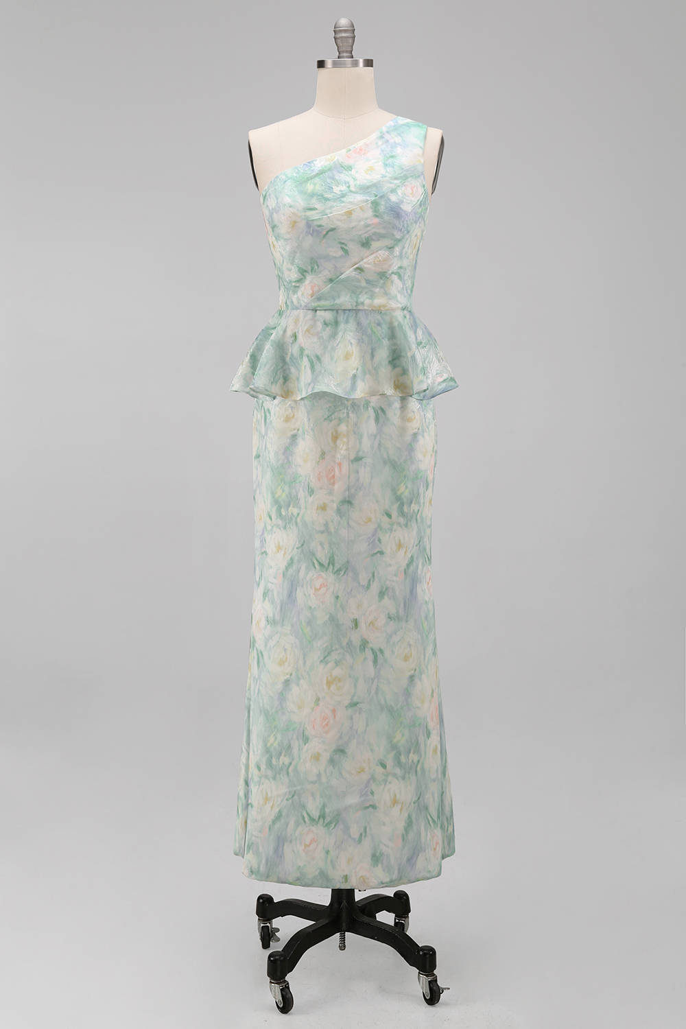 Light Green One Shoulder Floral Ruffled Long Mermaid Ruched Formal Dress