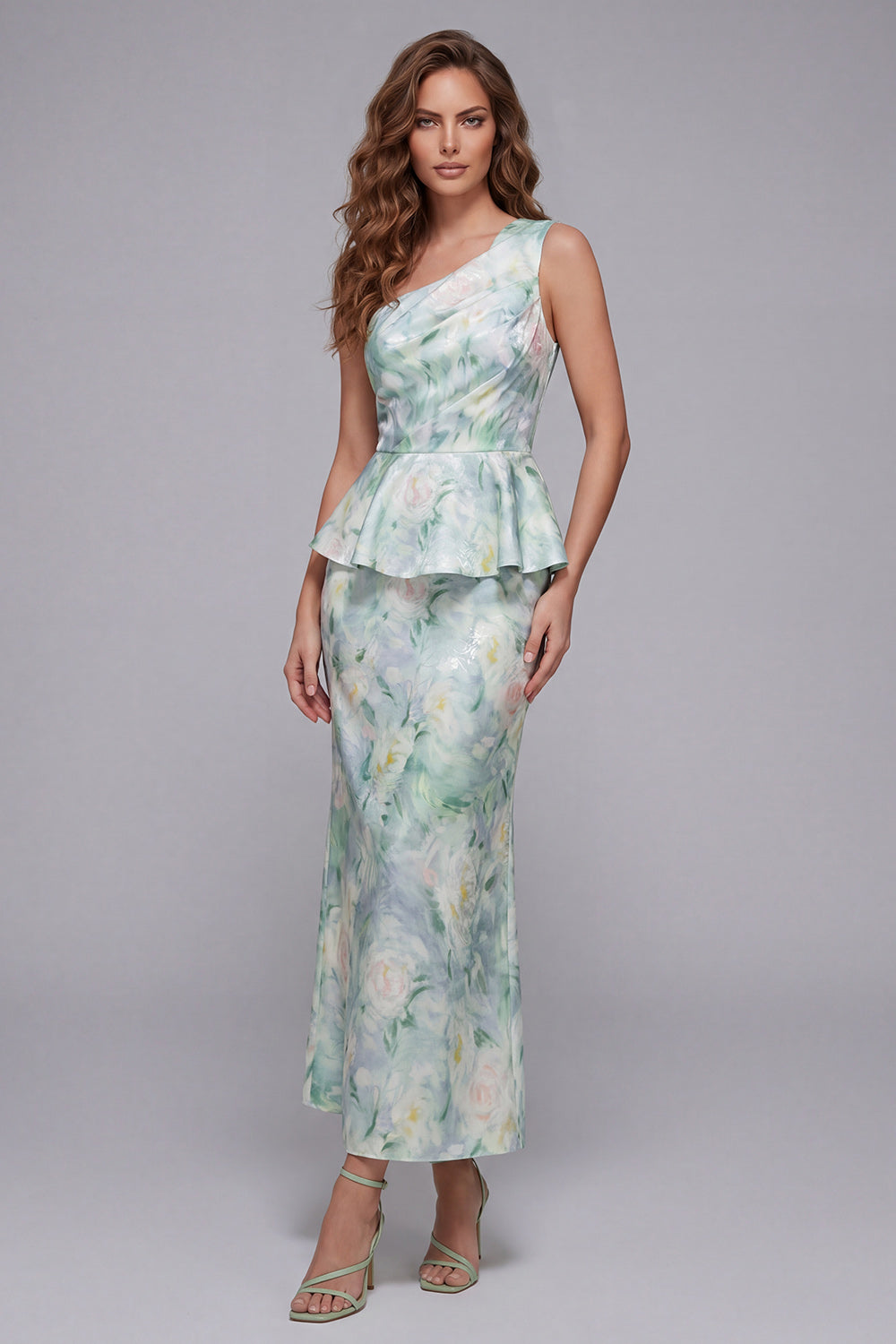 Light Green One Shoulder Floral Ruffled Long Mermaid Ruched Formal Dress