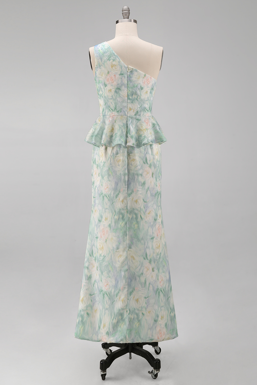Light Green One Shoulder Floral Ruffled Long Mermaid Ruched Formal Dress