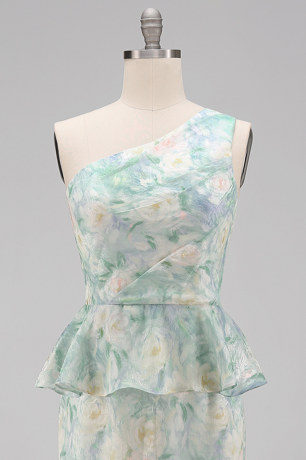 Light Green One Shoulder Floral Ruffled Long Mermaid Ruched Formal Dress