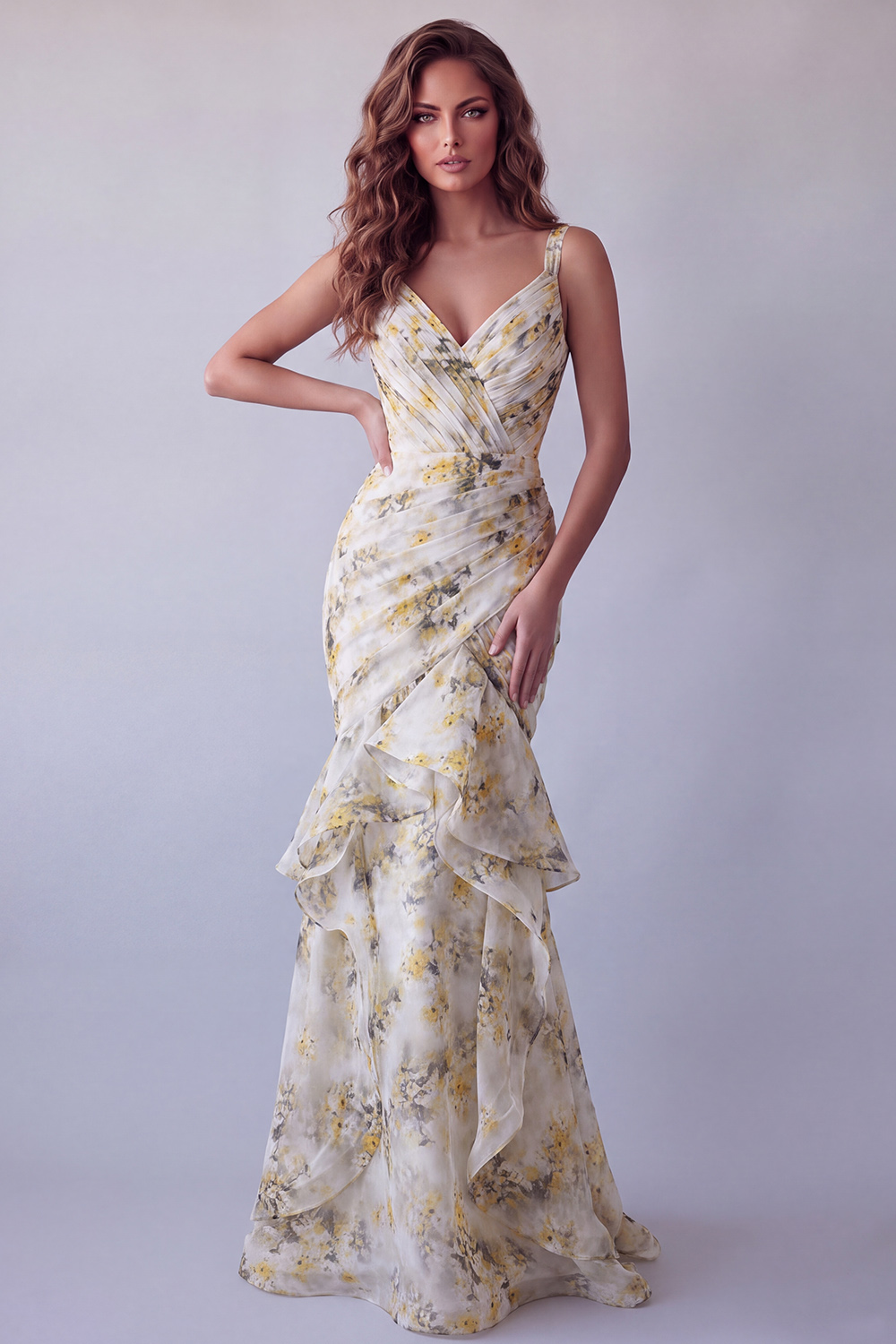 Light Yellow V-Neck Floral Long Mermaid Ruched Formal Dress with Ruffles