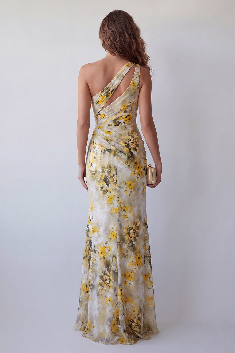 Light Yellow Floral Ruched Long Mermaid One Shoulder Formal Dress