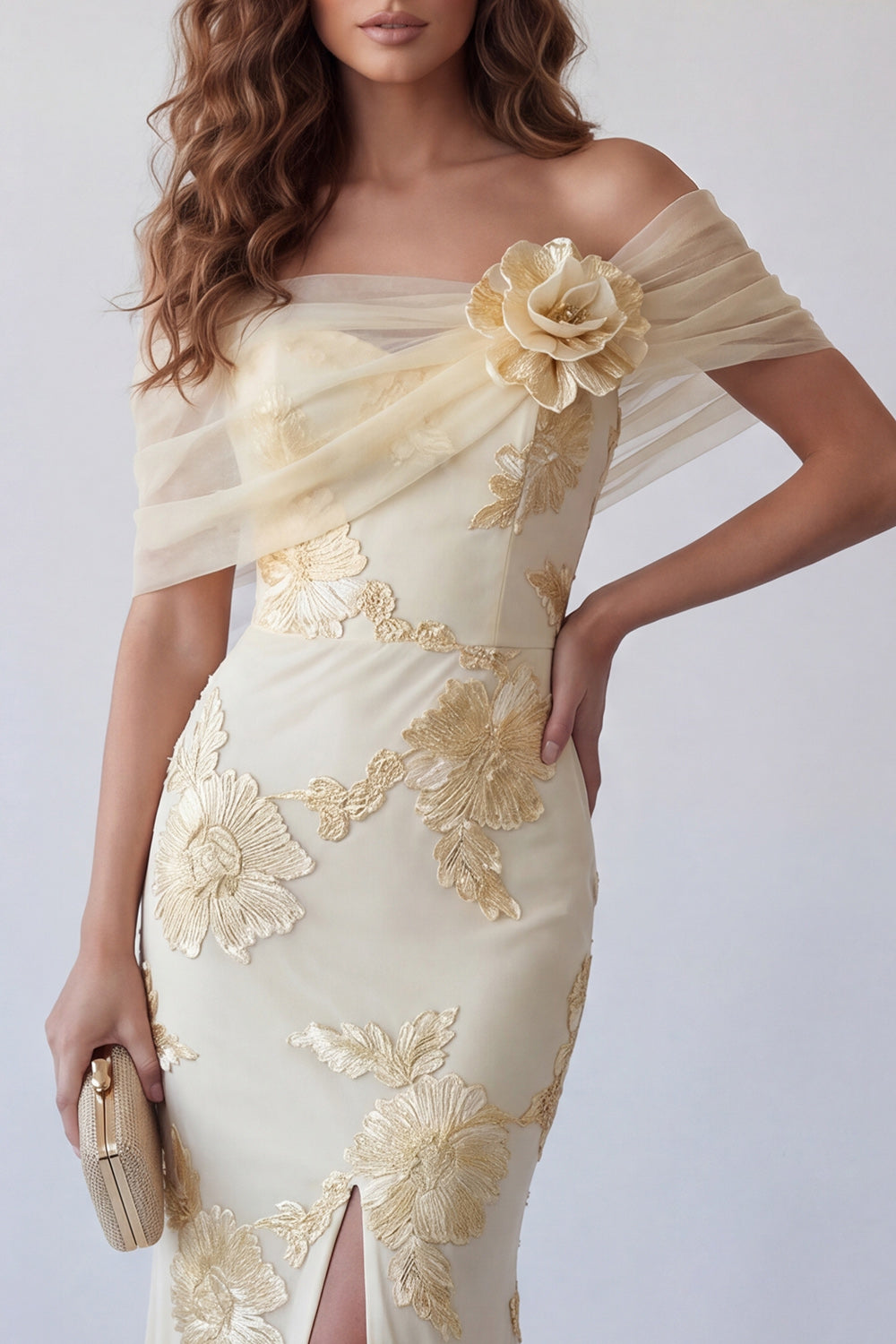 Light Yellow Long Floral Mermaid Off the Shoulder Prom Dress with 3D Flower