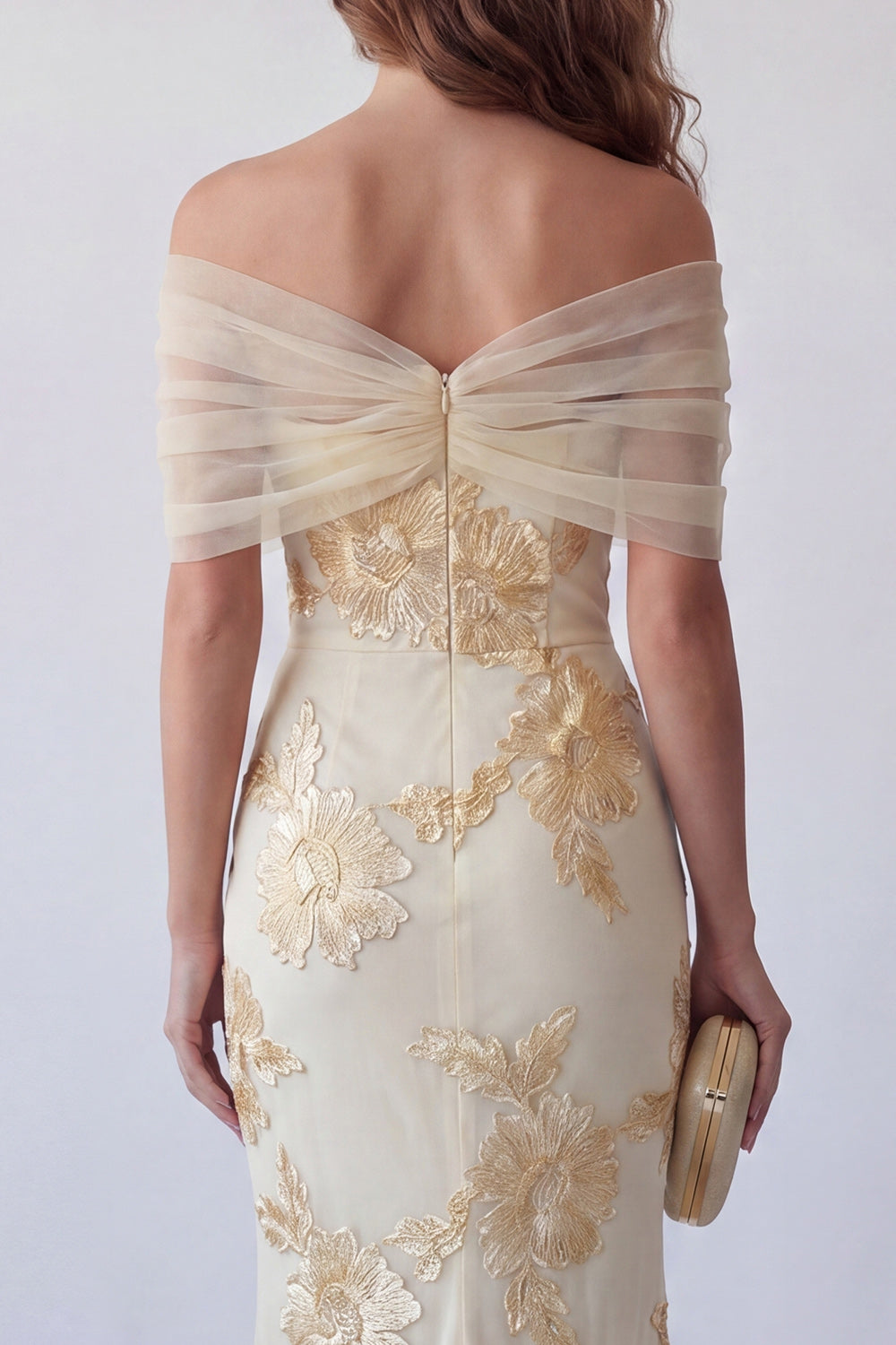 Light Yellow Long Floral Mermaid Off the Shoulder Prom Dress with 3D Flower