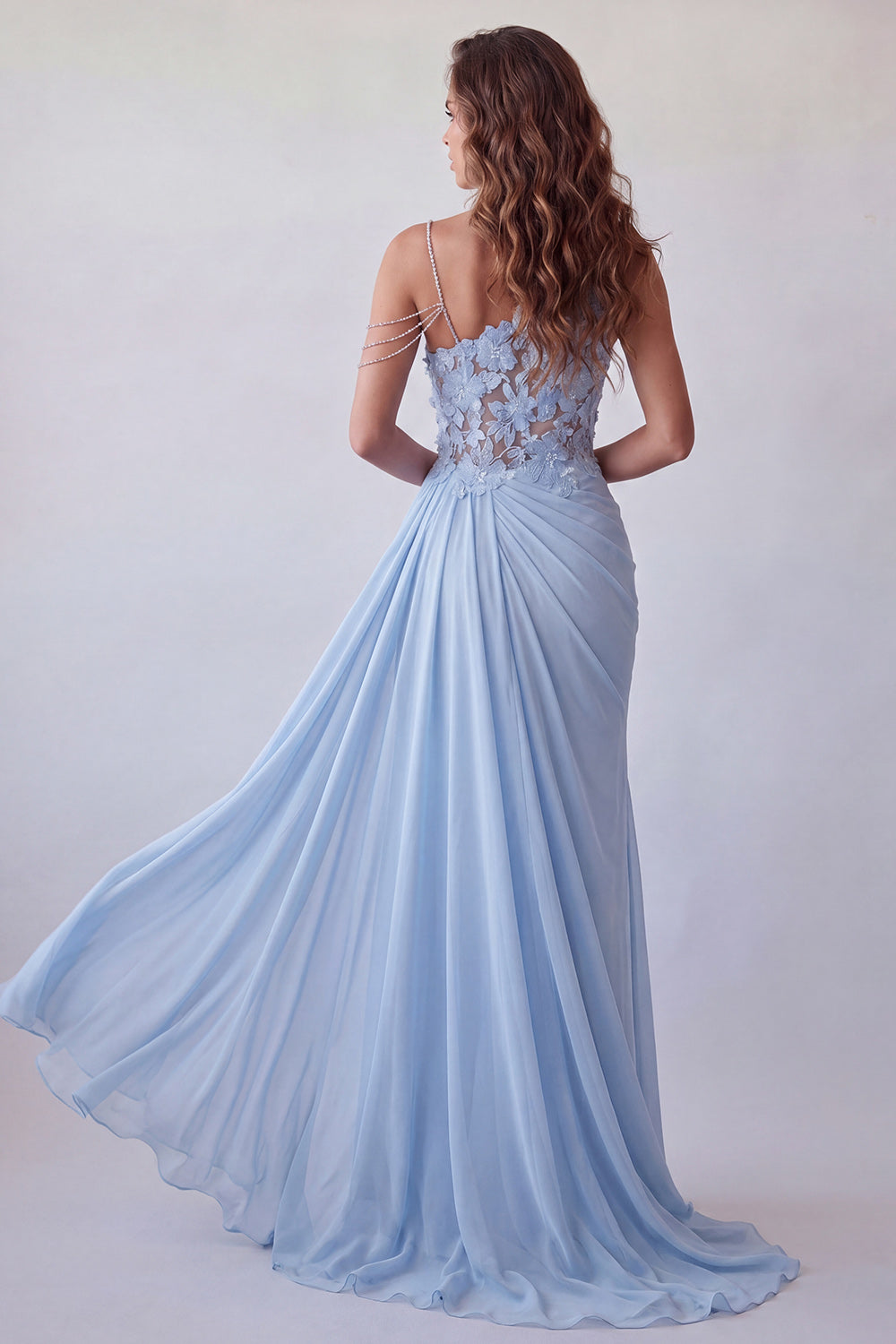 Sparkly Sky Blue Long Mermaid Beaded Ruched Floral Prom Dress with Side Cape
