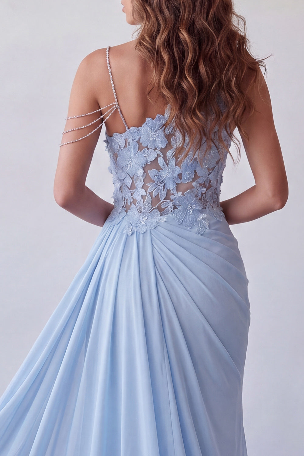 Sparkly Sky Blue Long Mermaid Beaded Ruched Floral Prom Dress with Side Cape