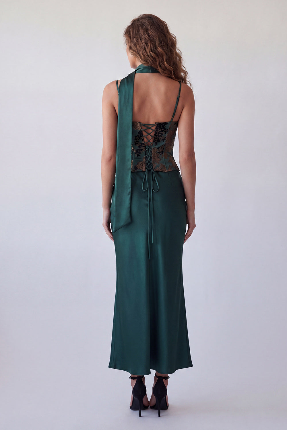 Dark Green Spaghetti Straps Basque Waist Long Mermaid Floral Formal Dress