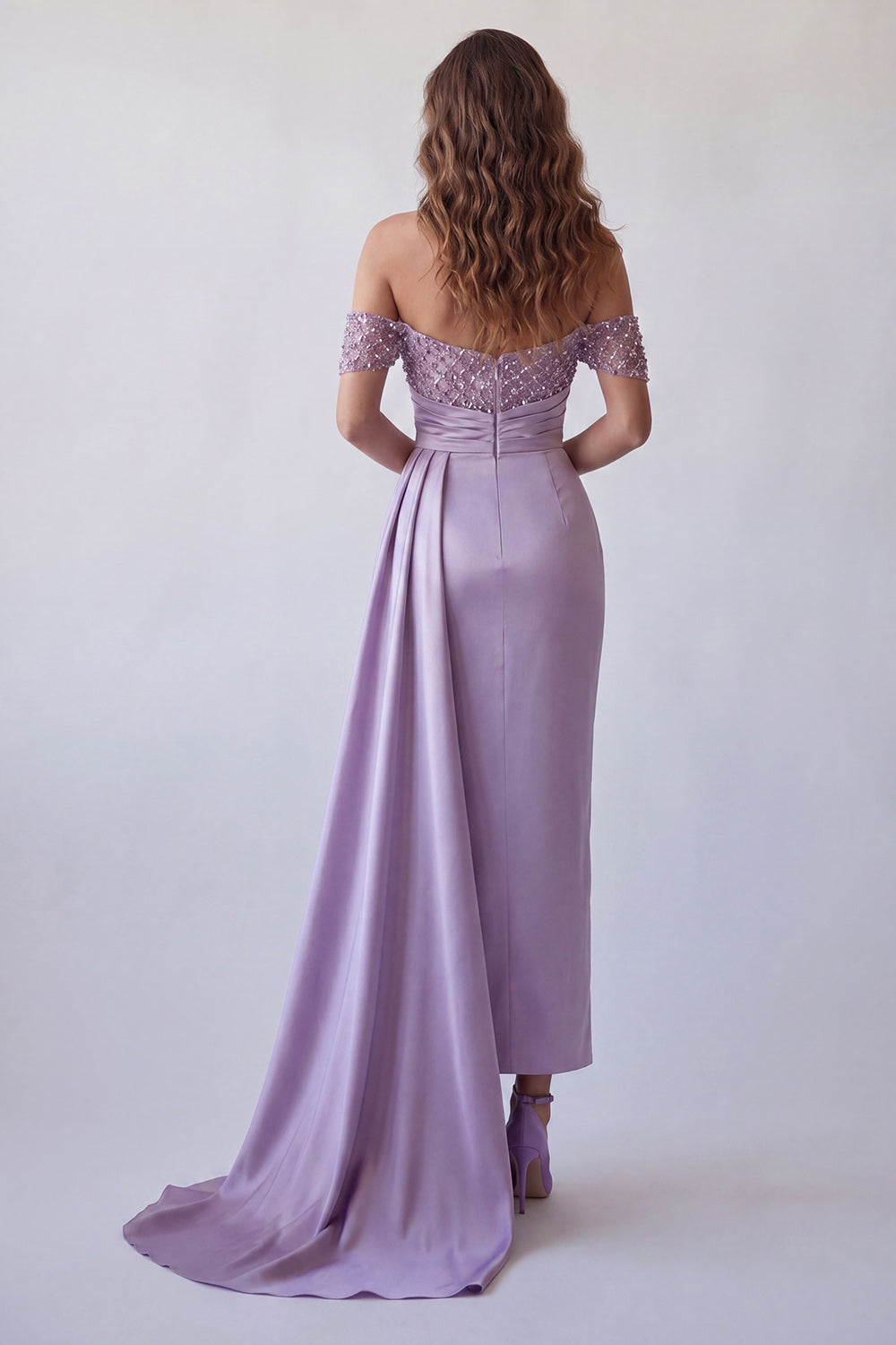 Sparkly Light Purple Satin Beaded Ruched Long Mermaid Formal Dress with Side Cape