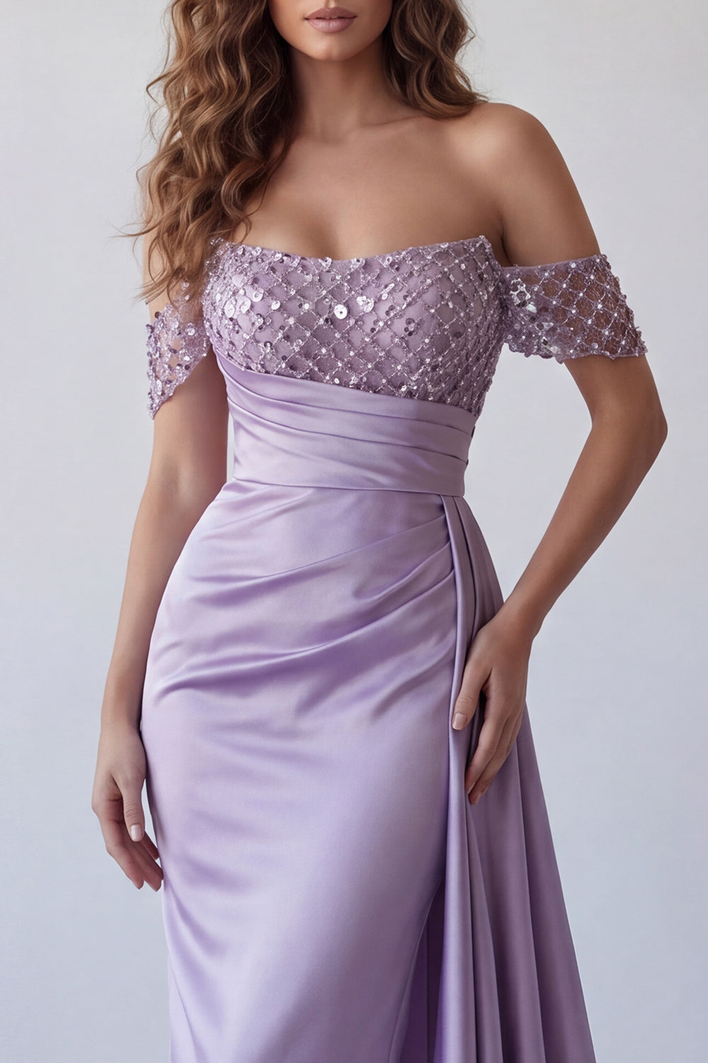Sparkly Light Purple Satin Beaded Ruched Long Mermaid Formal Dress with Side Cape