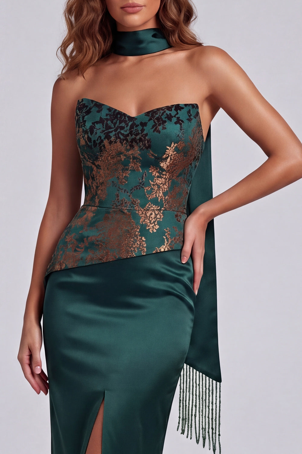 Dark Green Strapless Long Sheath Floral Basque Waist Formal Dress with Slit