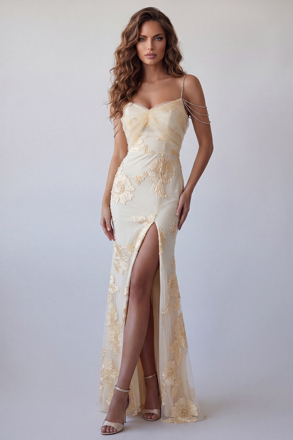 Sparkly Light Yellow Long Mermaid Floral Cold Shoulder Beaded Prom Dress with Slit