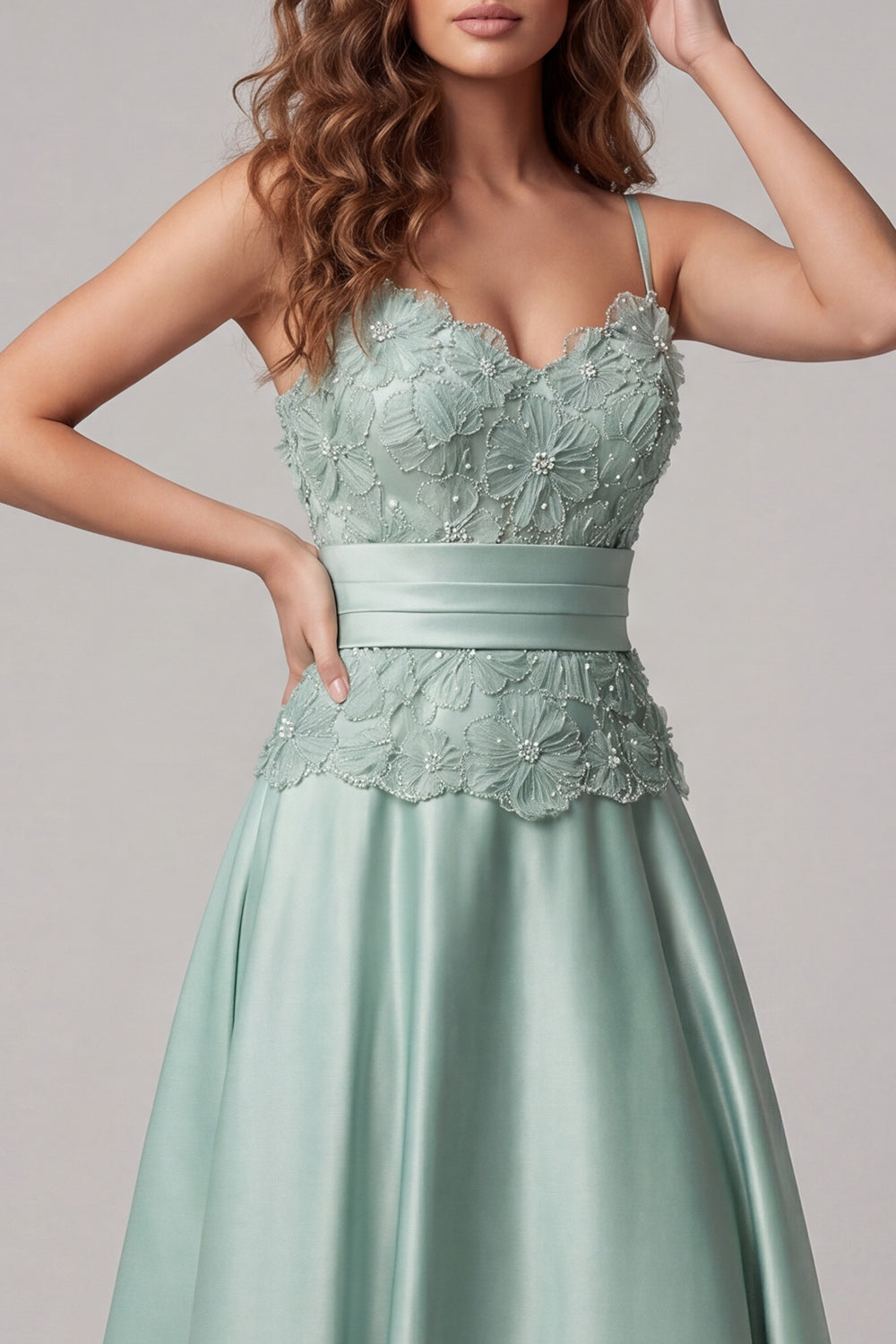Green Spaghetti Straps Floral Satin Long A Line Formal Dress with Pearls