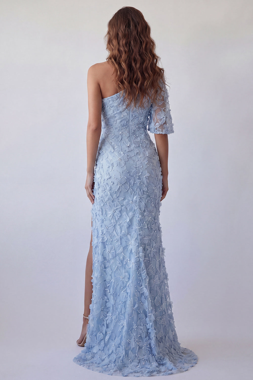 Sky Blue Floral Long Mermaid One Shoulder Ruched Prom Dress with Pearls