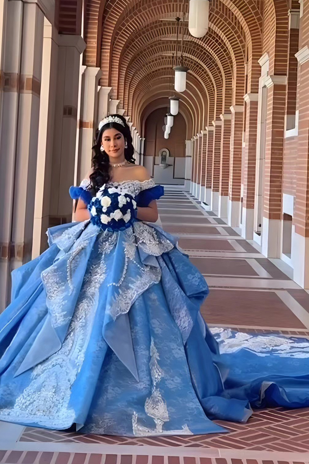 Blue Ball Gown Ruffled Long Quinceanera Dress Off the Shoulder Tiered Sweet 16 Dress with Lace